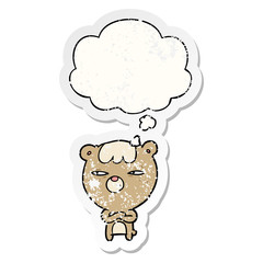 cartoon angry bear and thought bubble as a distressed worn sticker
