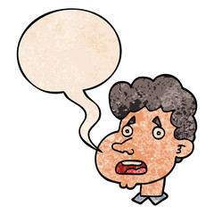 cartoon shocked man and speech bubble in retro texture style