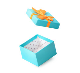 Presen gift box opened empty inside isolated on white.