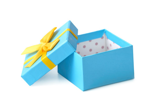 Blue Present Box With Yellow Ribbon Opened Isolated On White.