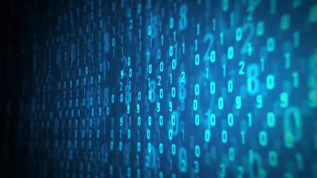 Computer Screen With Binary Code Loop/ 4k animation of a binary code with digits and numbers on on focused blue screen with camera effect