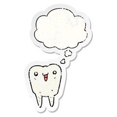 cartoon tooth and thought bubble as a distressed worn sticker