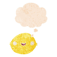 cartoon lemon and thought bubble in retro textured style