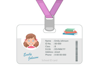 Student ID with photo. School identity card. Personal identification card. Student id card, identification card, identity verification, person data.