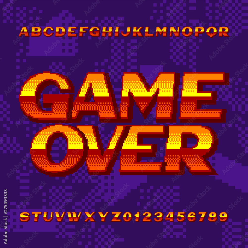 Fototapete Game Over alphabet font. Digital gradient letters and numbers on pixel background. 80s retro arcade video game typeface.
