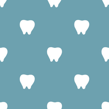 Seamless pattern with white tooth icon on blue background. Dentist concept. Vector illustration for design, web, wrapping paper, fabric, wallpaper.