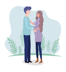 cute lovers couple pregnancy characters in the landscape