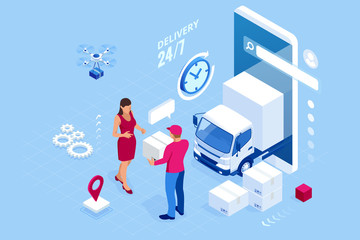 Isometric Logistics and Delivery concept. Delivery home and office. City logistics. Warehouse, truck, forklift, courier, drone and delivery man.