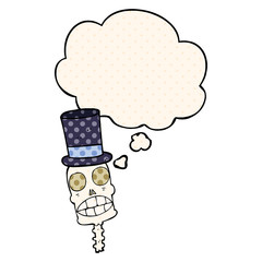 cartoon spooky skull and thought bubble in comic book style