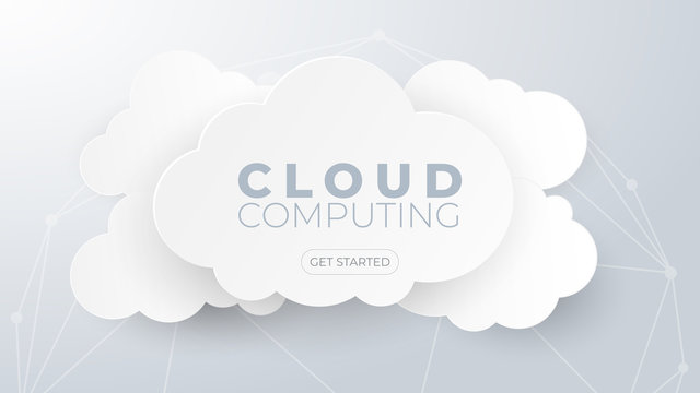 Cloud computing technology and big data concept. Paper art with clouds on white and grey background.