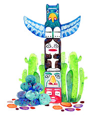 Native American traditional totem poles. Hand drawn watercolor illustration set. Group of four carved wooden figures