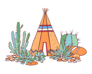 Native American indians traditional wigwam, succulents and cactuses. Vector hand drawn color outline doodle sketch illustration © Alexandra