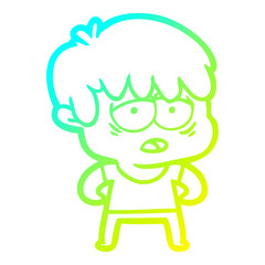 cold gradient line drawing cartoon exhausted boy