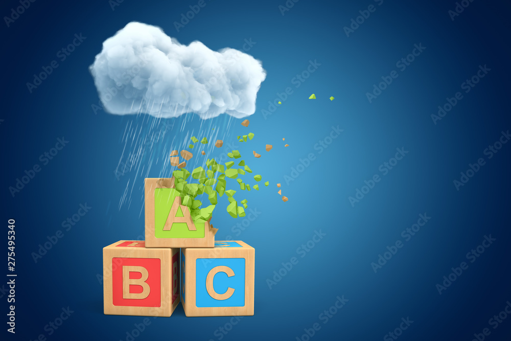 Poster 3d rendering of three abc blocks standing under white raining cloud on blue copyspace background, up