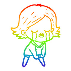 rainbow gradient line drawing cartoon girl crying