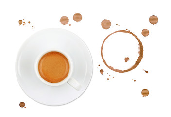 Coffee cup, stains and drops on white background