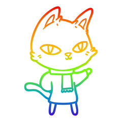 rainbow gradient line drawing cartoon cat staring