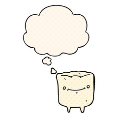 cartoon happy tooth and thought bubble in comic book style