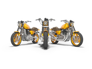 Obraz na płótnie Canvas Group of orange motorcycles front view 3d render on white background with shadow