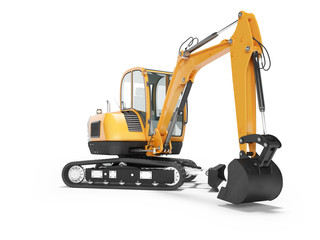 Orange mini crawler excavator on rubber tire with turned cabin to the left 3d render on white background with shadow - obrazy, fototapety, plakaty