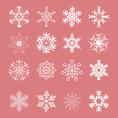 snowflake winter set of white isolated  silhouette on red background. Vector concept illustration for design.