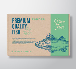 Premium Quality Fish Realistic Cardboard Box. Abstract Vector Packaging Design or Label. Modern Typography, Hand Drawn Zander or Pikeperch Silhouette. Craft Paper Background Layout.
