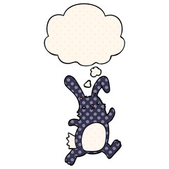 cartoon rabbit running and thought bubble in comic book style