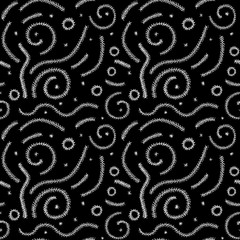 Seamles black and white ink swirls pattern. Funny black curls and stripes. Retro black and white texture
