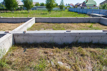 Foundation of concrete at a construction site at home