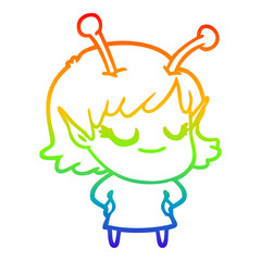 rainbow gradient line drawing smiling alien girl cartoon