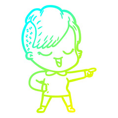 cold gradient line drawing happy cartoon girl pointing