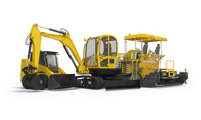 Yellow group of heavy machinery excavator mini paver loader 3d illustration on white background with shadow