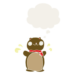 cartoon happy teddy bear and thought bubble in retro style