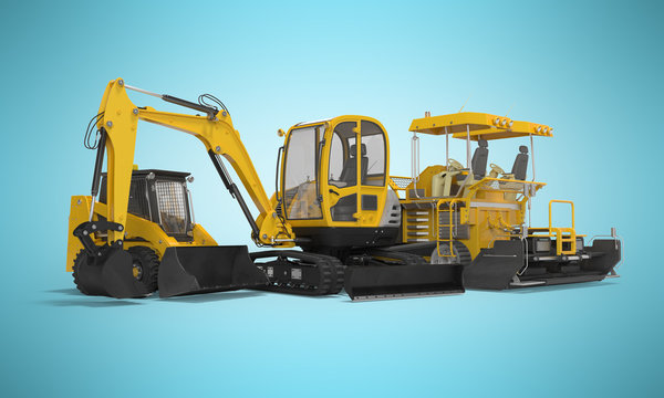 Yellow group of heavy machinery excavator mini paver loader 3d illustration on blue background with shadow