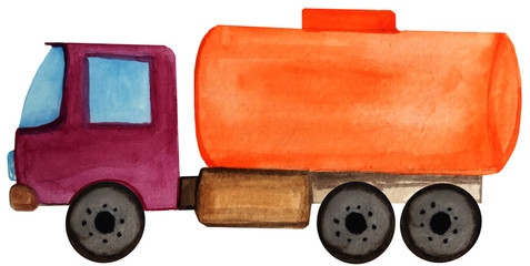 cartoon gasoline truck on a white background. watercolor illustration for design posters, magazines, cards
