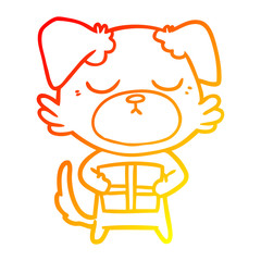 warm gradient line drawing cute cartoon dog with christmas present
