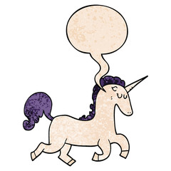 cartoon unicorn and speech bubble in retro texture style