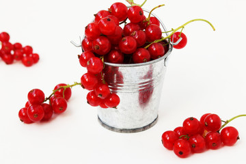 Red currant is located in a bucket on a white background, horizontal photo
