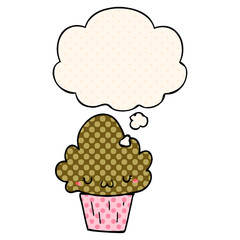 cartoon cupcake with face and thought bubble in comic book style