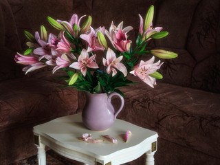 Floral still life with luxurious bouquet of lily in interior