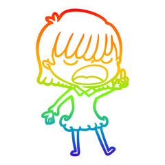 rainbow gradient line drawing cartoon woman talking loudly