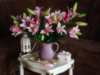 Floral still life with luxurious bouquet of lily in interior