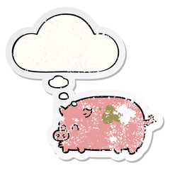 cute cartoon pig and thought bubble as a distressed worn sticker