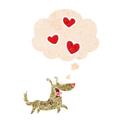 cartoon dog with love hearts and thought bubble in retro textured style