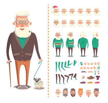 Senior man vector, emoticons and emoji old person walking dog and holding. Animated character, constructor, male parts of body and facial expressions, grandparent with a beard