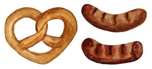 sausages to beer and pretzel, oktoberfest elements. watercolor illustration for design of posters, cards