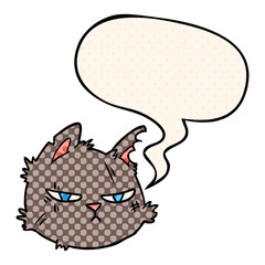 cartoon tough cat face and speech bubble in comic book style