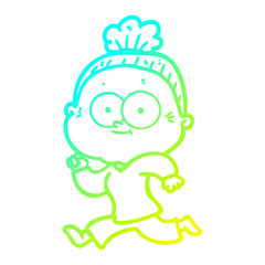 cold gradient line drawing cartoon happy old woman