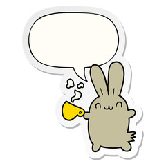 cute cartoon rabbit drinking coffee and speech bubble sticker