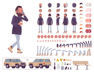Parka man construction set, young guy wearing warm windproof jacket with hood, cold weather city kit, male outfit creation element to build your own design. Cartoon flat style infographic illustration © andrew_rybalko